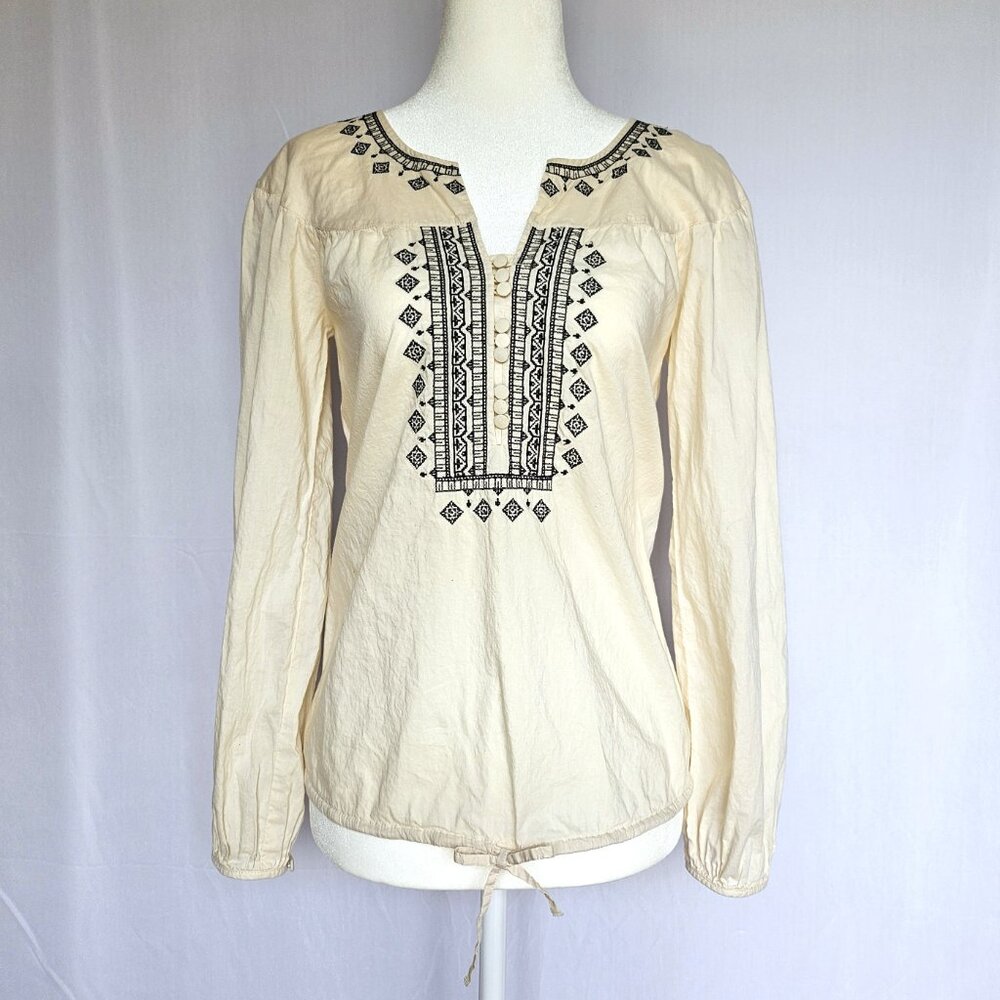 LOFT | Cream & Black Embroidered Boho Peasant Blouse | Size 0